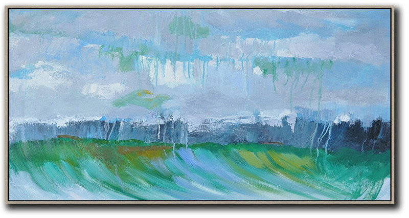 Panoramic Abstract Landscape Painting,Original Art Acrylic Painting Grey,Dark Blue,Green